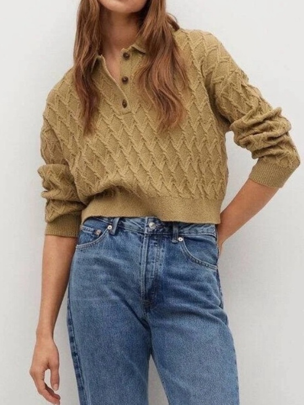 Mango Textured Cable Knit Polo Sweater Tan Size Medium